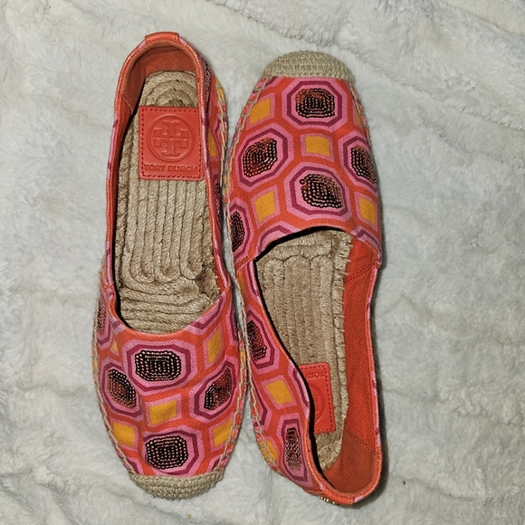 Tory Burch cecily embellished slip on espadrilles vivid pink/orange - Picture 5 of 6